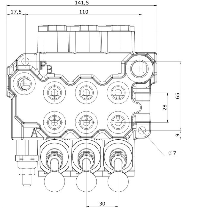 Valve block, 3 sections, multi-lever