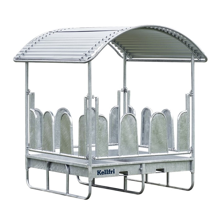 Feeder with roof and covered tombstone railings for horses